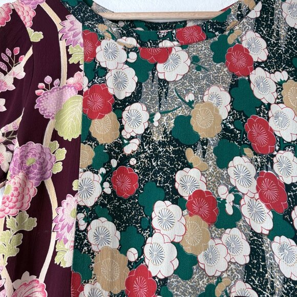 ASOS Womens Floral Patchwork Dress Short Sleeves Relaxed Fit Viscose Burgundy & - Picture 3 of 7